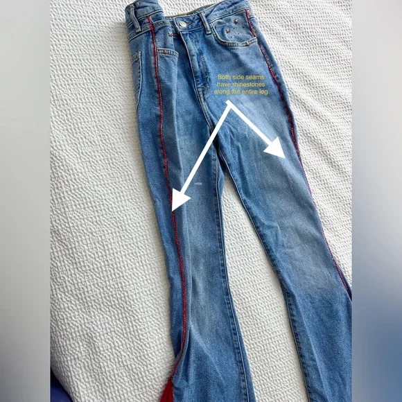 F21 custom red rhinestone‎ flared wide leg jeans - Picture 6 of 10